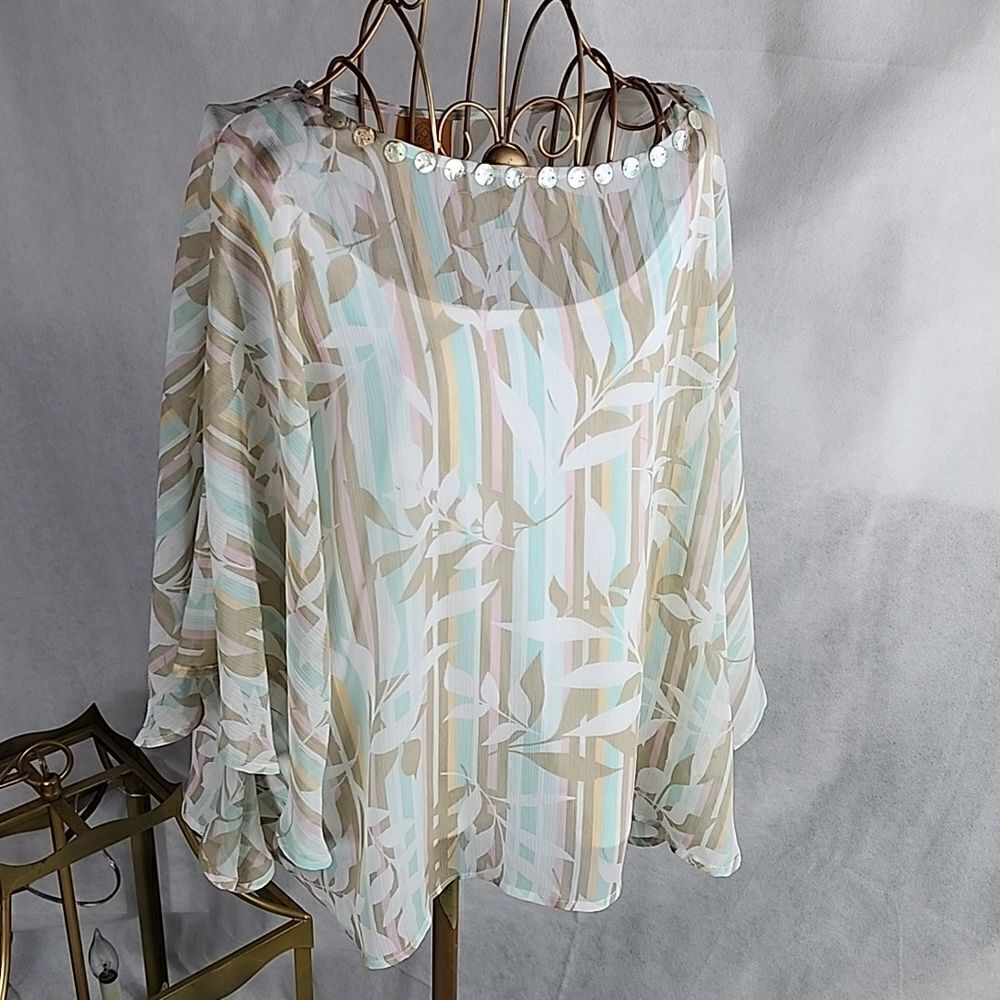 Mother of Pearl Bead Embellished Sheer Batwing Sleeve Chiffon Top